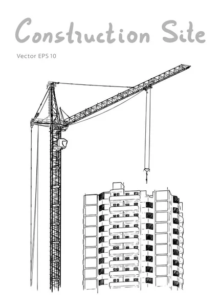 Construção de edifícios e guindastes de torre. Cidade. Desenho vetorial — Vetor de Stock