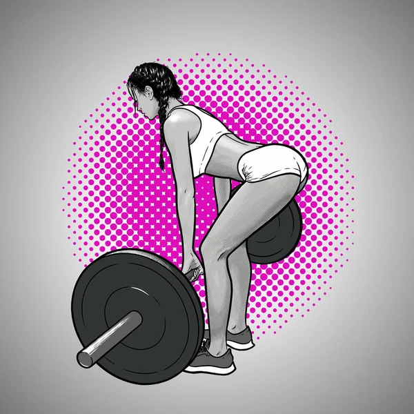 Vacker flicka lyfter en skivstång under fitness klasser skiss vektor illustration — Stock vektor