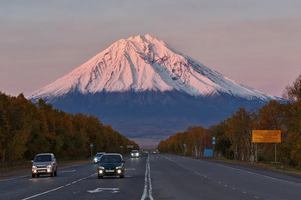 Koryaksky Volcano at sunset, road Petropavlovsk-Kamchatsky City - Elizovo City. Russia, Far east, Kamchatka