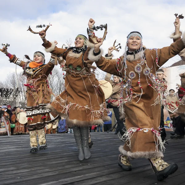 Folk ensemble performance in dress of indigenous people of Kamchatka. Russia