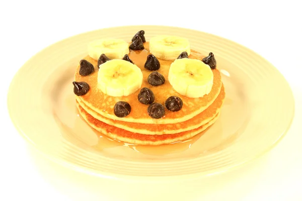 Pancakes Banana Maple syrup chocolate chips — Stock Photo, Image