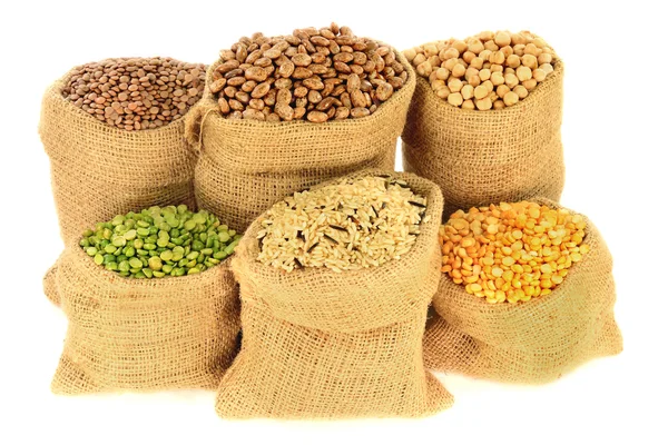 Legumes, Pulses in burlap bags Stock Photo