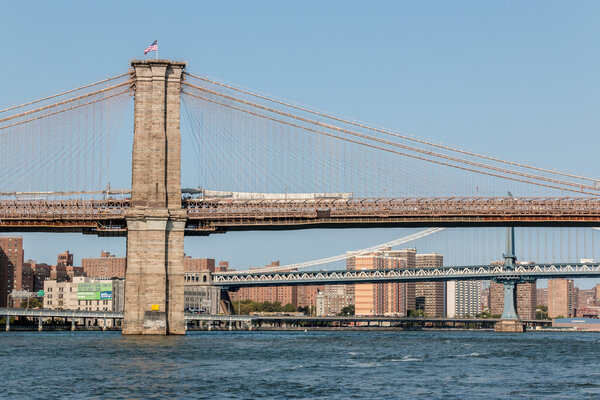 A view of Brooklyn bridge with Manhattan bridge in the background