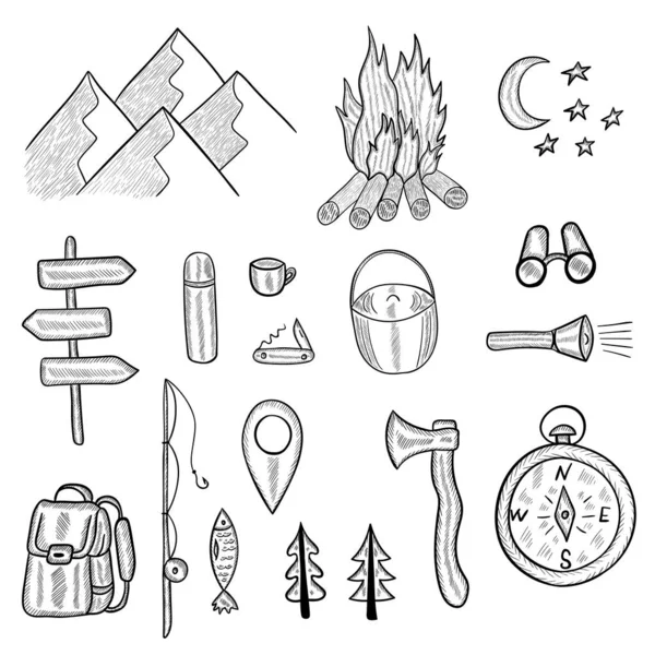 Camping doodle készlet mon — Stock Vector