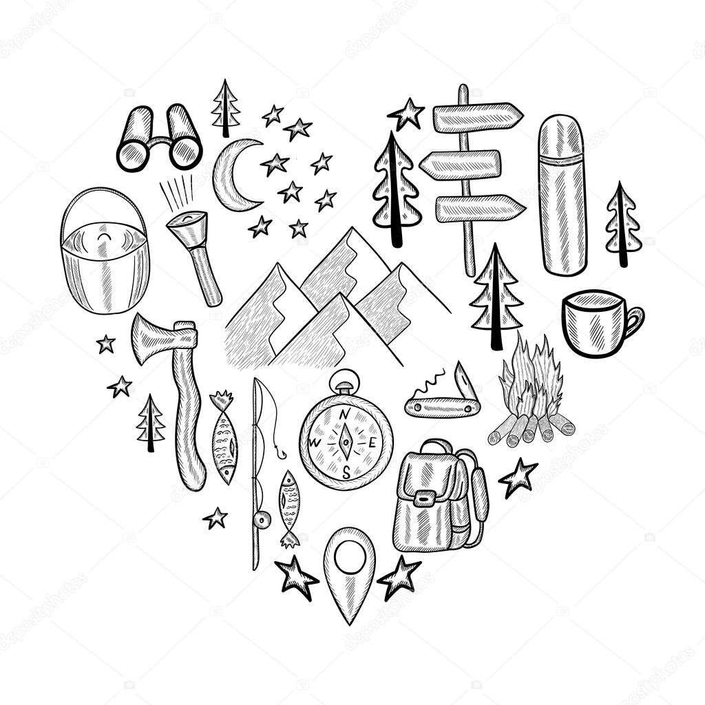 camping heart doodle set