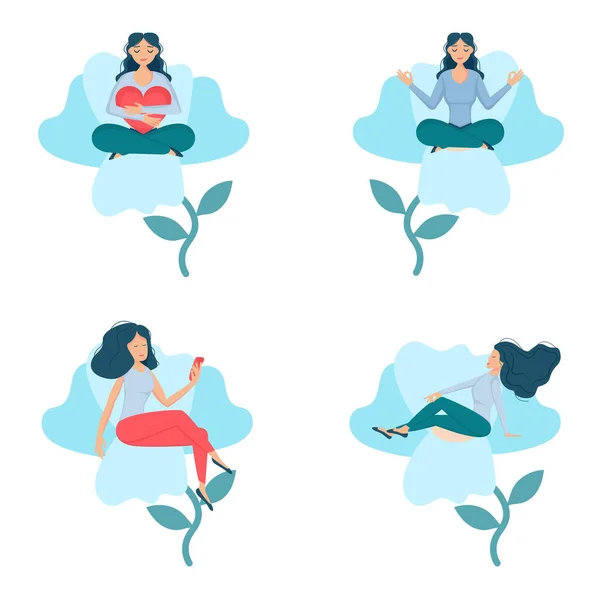 Chica sentado en azul flor conjunto dd — Vector de stock