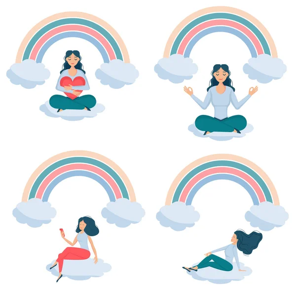 Niñas sentado arco iris sonrisa conjunto dd ww — Vector de stock