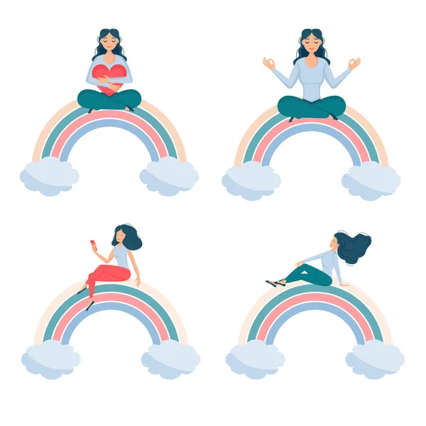 女の子座っ虹の笑顔セットdd ww — ストックベクタ