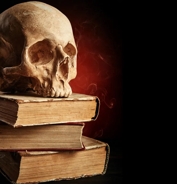 Crânio humano em livros — Fotografia de Stock