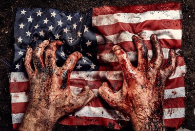 Hands of soldier protect american flag clipart