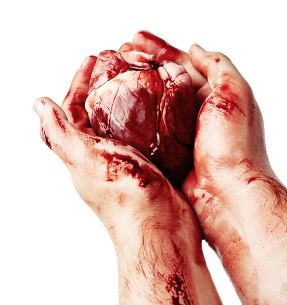 Blodiga hjärtat i mänsklig hand s — Stockfoto