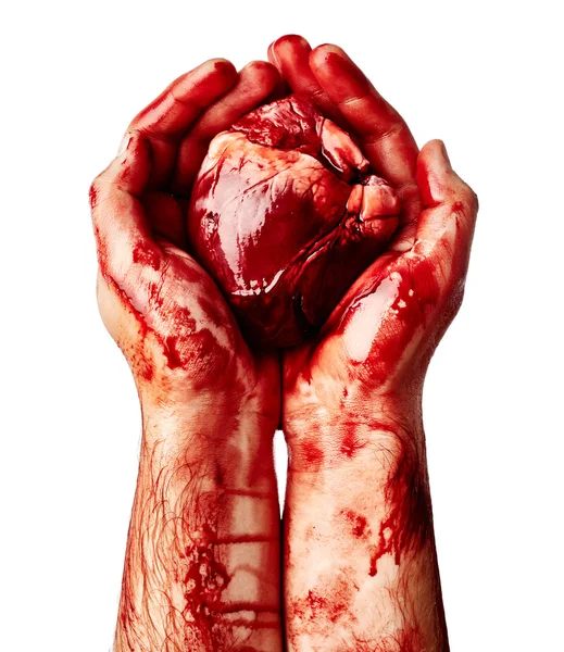 Bloody heart in human hand s — Stock Photo, Image