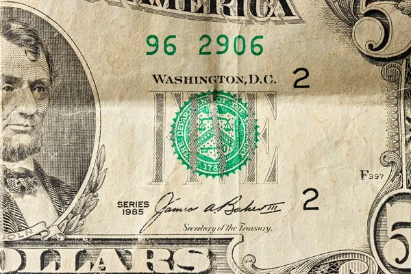 Part Five Dollars Note Macro Shot Banknote Usa — Stock Photo, Image