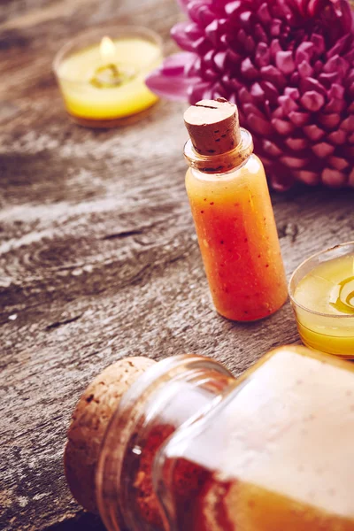 Bottles with scrub for body — Stock Photo, Image