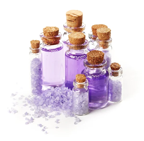 Bottles with shower gel and sea salt — Stock Photo, Image