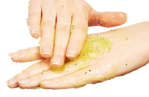 Las manos de la mujer en exfoliación corporal — Foto de Stock