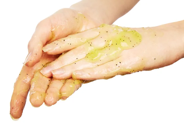 Γυναικεία χέρια σε scrub σώματος — Φωτογραφία Αρχείου