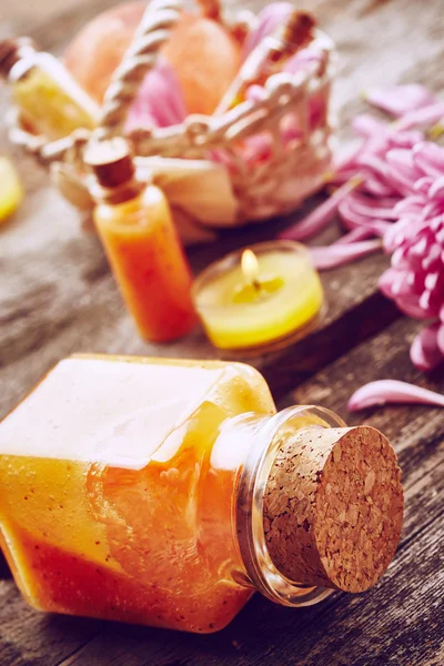 Bottles with scrub for body — Stock Photo, Image