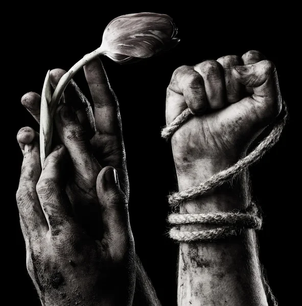 Mãos com flor e mão com corda — Fotografia de Stock