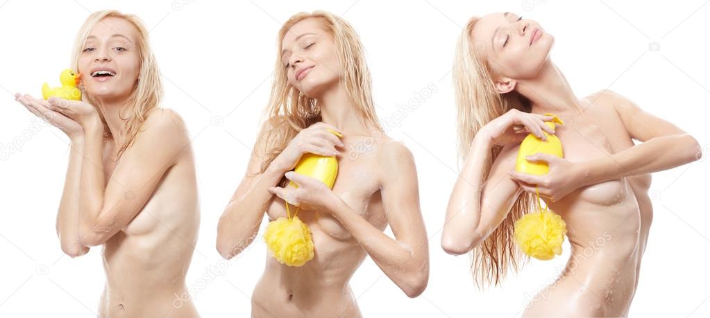 Happy blonde girl in shower
