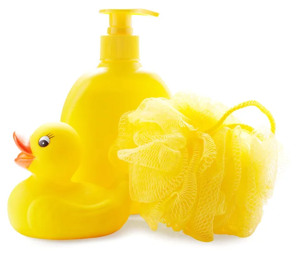 Gel de banho, esponja e pato de borracha — Fotografia de Stock
