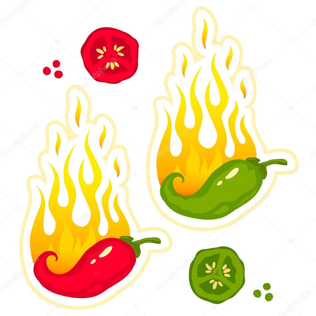 Vector set illustrations of a hot jalapeno and chili peppers in fire