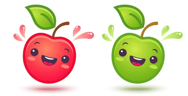 アップルのベクトルセットアイコンをカワイイスタイルで かわいい赤と緑のリンゴとジューシーなドロップで漫画風 — ストックベクタ