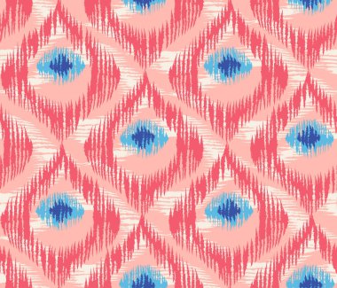 Rötuş tarzında klasik vektörsüz desen. Soyut tavus kuşu tüyleriyle retro ikat pembe deseni.