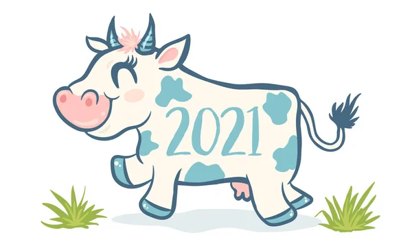 Vector Cute Cow Symbol 2021 Year Kawaii Style Vector Cartoon — Stock Vector