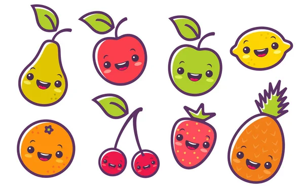 Ensemble Vectoriel Illustration Plate Fruit Dans Style Kawaii Fruits Mignons — Image vectorielle