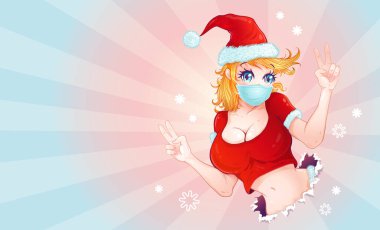 Noel 'de manga tarzında yüz maskesi takan bir kızın vektör çizimi. Noel ya da yeni yıl partisi için tıbbi maskeli seksi bir Noel Baba kızı temsili..