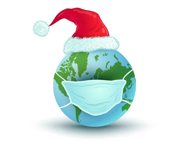 Vector Illustration Earth Planet Medical Mask Santa Hat Christmas New — Stock Vector