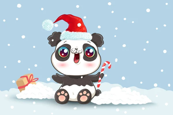 Ilustración Vectorial Lindo Panda Sombrero Santa Panda Nieve Estilo Kawaii — Archivo Imágenes Vectoriales