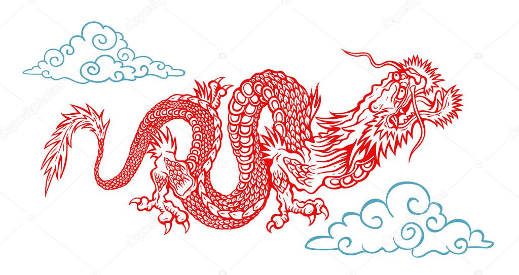Vector illustration of a Chinese dragon. Red asian dragon with clouds.