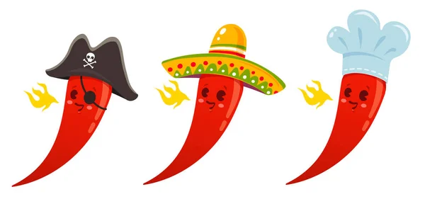 Vector Set Illustration Spicy Chilli Peppers Different Hats Cartoon Red — Stock Vector