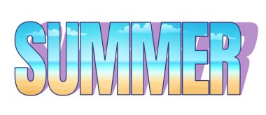 Tropik plajlı bir vektör tipografisi. Tropik plajlarla dolu vektör yazı. Kum ve deniz. Yaz indirimi zamanı. 