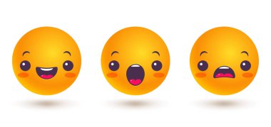 Emoji vektör seti farklı ruh halinde. Vektör, emoji simgelerini Kawaii tarzında ayarladı.