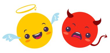 Vektör iki kez gülümsedi. Kawaii tarzında komik ve kızgın emoji. İki melek ve şeytan gülümsüyor.. 