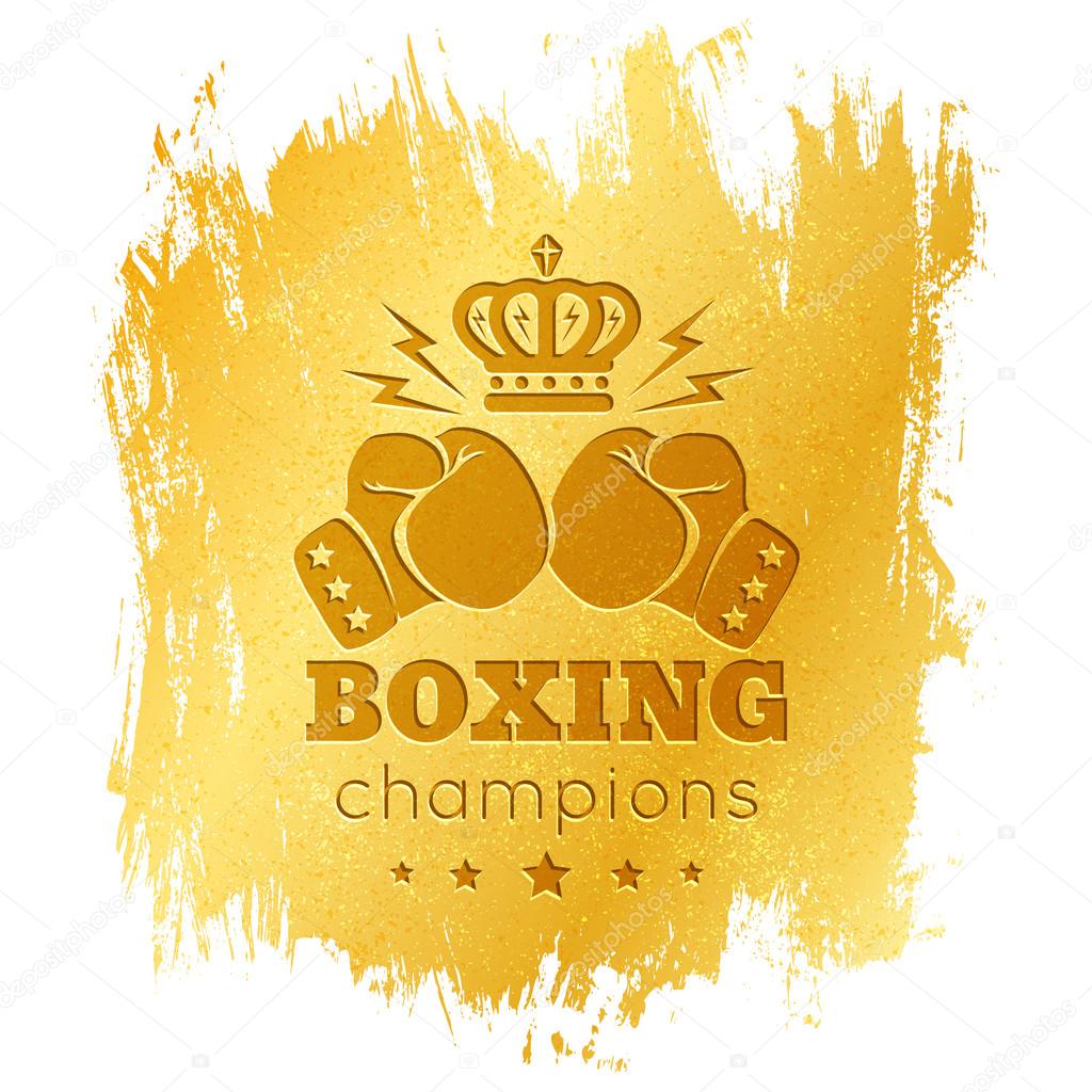 Vintage logo for boxing with gloves on gold background