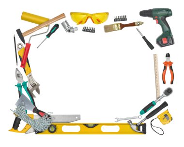 İnşaat aletleri ve araçları kopya alanı Merkezi beyaz zemin üzerine izole Üstten Görünüm.