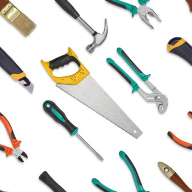 Beyaz bir arka plan üzerinde izole inşaat araçlar kümesi. Testere, İngiliz anahtarı, anahtar, çekiç, kesici, pense, tornavida. Sorunsuz doku arka plan