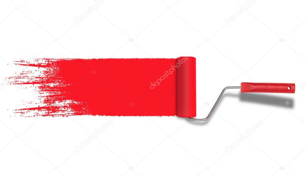 Roller painter with red paint stroke isolated on white background.