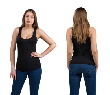 Portrait of attractive and hot girl in casual clothes, isolated on white background. Front, rear view