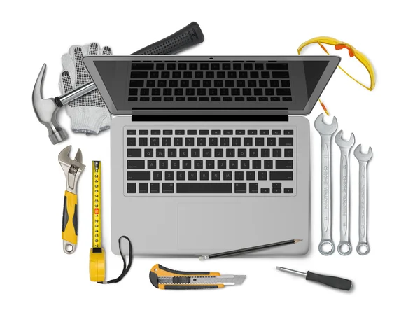 Open laptop with tools isolated on white background. Symbol of repair, upgrade and improvement — Stock Photo, Image