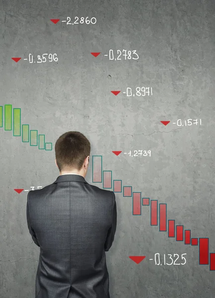 Бизнесмен чертит на бетонных стенах финансовые и фондовые карты. Бизнес, падение концепции рынков — стоковое фото