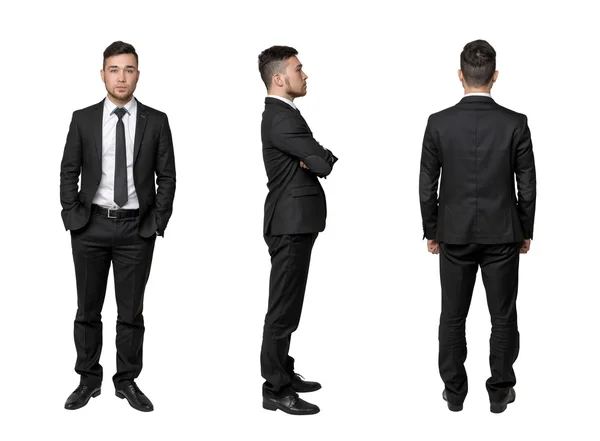 Portrait complet de jeune homme d'affaires, bras croisés dans la poitrine, en poche, isolé sur fond blanc — Photo