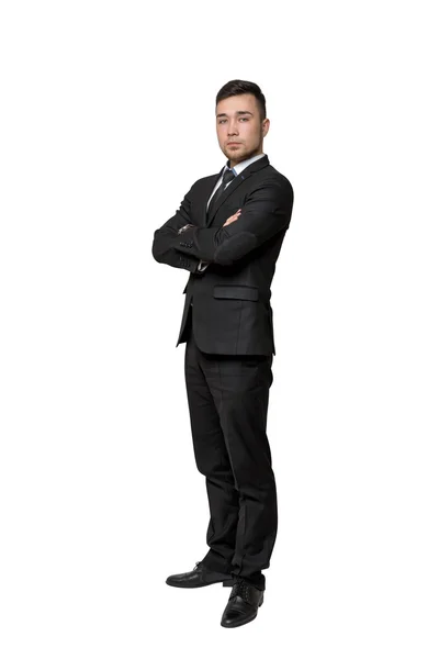 Retrato completo del joven hombre de negocios, brazos cruzados en el pecho, aislado sobre un fondo blanco — Foto de Stock