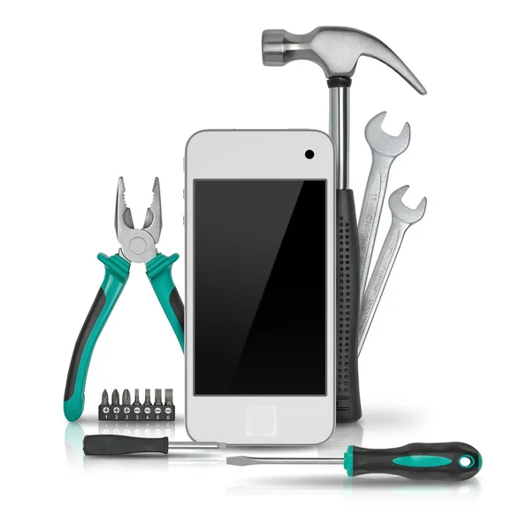 Modern smartphone with tools isolated on white background. Symbol of repair, upgrade and improvement — 图库照片