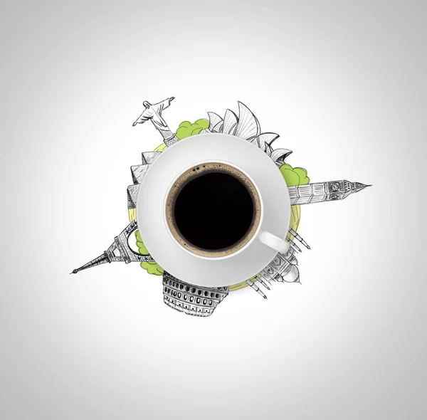 世界が孤立した、白い背景を描く7つの不思議のスケッチにあるカップコーヒー — ストック写真