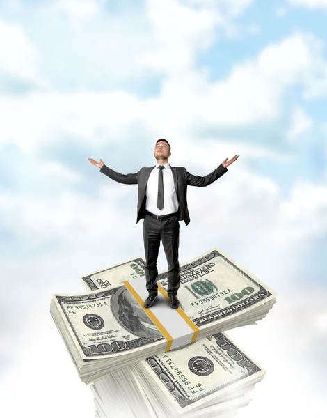 Businessman standing on the dollar stack top with a crossed bundle of money — Stockfoto